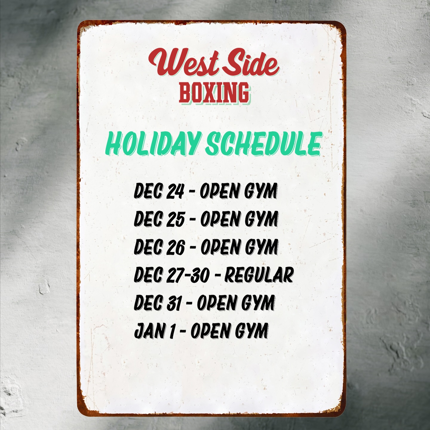 HOLIDAY SCHEDULE BELOW. The gym will remain open to members and I’m happy to provide a program if you’d like to get some individual or partner work in. Please feel free to reach out.
***NO UNSUPERVISED SPARRING***
Hope everyone enjoys their holiday!
