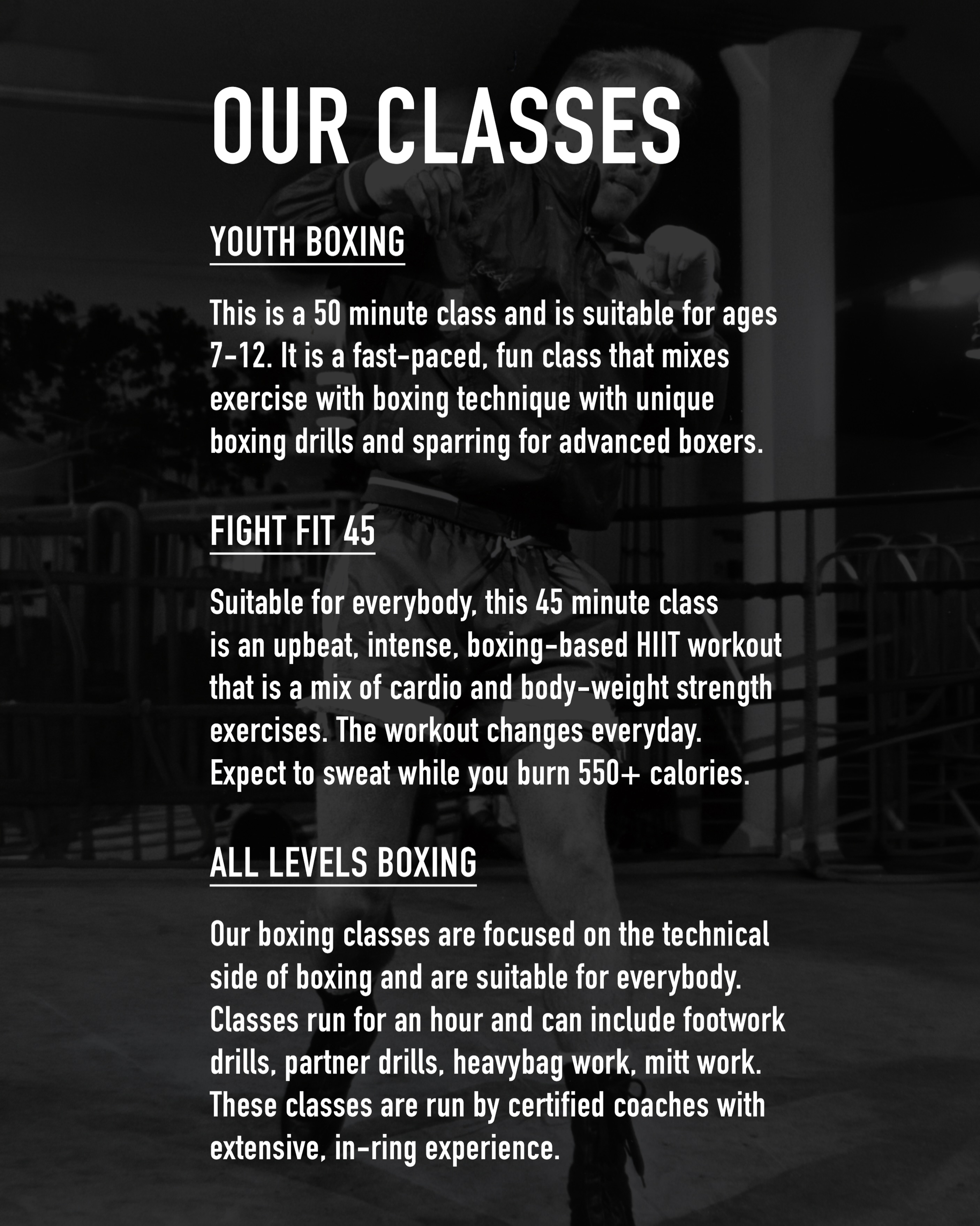 A quick explanation of our programming. NOTE: Those who come for Fight Fit 45 are always welcome and encouraged to stay for All Levels Boxing after. 👊💥