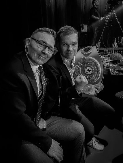 Dave McGregor sits with Mitch Chuvalo, son of George Chuvalo