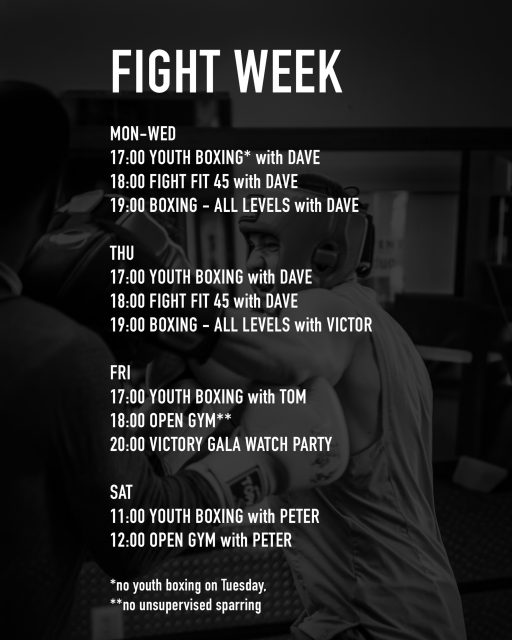 👊💥SPECIAL FIGHT WEEK SCHEDULE 💥👊
 Let’s get the energy up this week in anticipation of the Victory Gala on Friday. Dave will be running classes Monday to Wednesday with Chad’s assistance when he’s available. Coach Victor returns on Thursday to teach Boxing.
 Friday night everyone is welcome to watch Beau’s fight live at the gym! Bring some drinks and bring the kids. We’d love to get a group in house to support our first fighter.