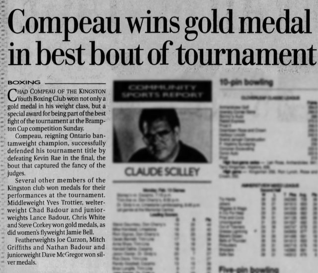 BRAMPTON CUP 1995 -- Chad Compeau takes the gold while a 12 year old kid named Dave McGregor takes silver in his first fight with hometown hero, Mark Leduc in the crowd. 

The Brampton Cup is one of the most respected and longest-running amateur boxing tournaments in Ontario — and arguably in Canada. It is our hope that this time next year we'll be sending a team to represent West Side Boxing Club.

Over the years, the Brampton Cup has featured many boxers who went on to become national champions, Olympians, and world-class professionals. Some notable fighters who competed there during their amateur careers include:

Lennox Lewis – Before becoming heavyweight world champion, Lewis boxed extensively in the Ontario amateur system.

Arturo Gatti – Fought in Ontario as an amateur before turning pro and becoming a world champion.

Samuel Vargas – Canadian Olympian (2012) who came through the Ontario amateur circuit.

Mandy Bujold – Two-time Olympian and one of Canada’s most accomplished female amateurs.

Mary Spencer – World champion and Olympian who competed regularly in major Ontario tournaments.

@chadcompeau @jdwmcg @henshaw.peter 

Source: The Kingston Whig Standard - February 1, 1995.