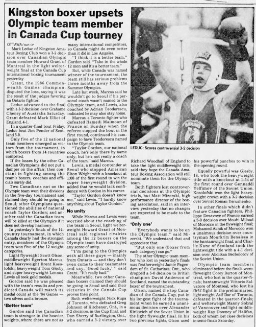 ON THIS DATE in 1988 - Mark Leduc of Kingston beats Howard Grant of Montreal. Grant would shortly thereafter be granted Mark's spot on the 1988 Canadian Olympic team, many suspected this was due to Mark's coloured past. After some deliberation about going pro, Mark would decide to buckle down for another four years of fights to qualify for the 1992 Canadian Olympic team. 

Also taking home gold at this event were Canadian boxing heroes @scottyolson12 @egertonmarcus and @mrlennoxlewis