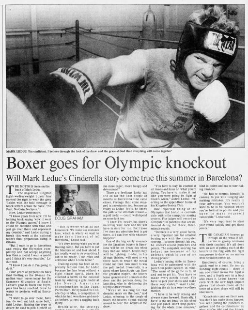 ON THIS DATE in 1992. Training out of Kingston, at the advanced age of 36, and after qualifying but being passed over for Seoul 1988, Mark Leduc talks about his chances in the Olympics in Barcelona. 

"I want to go to Barcelona and enjoy the Olympics completely and not accept anything less than a medal. I want a medal...I know I can do it. I'm going to do it." 

🥈👊💥